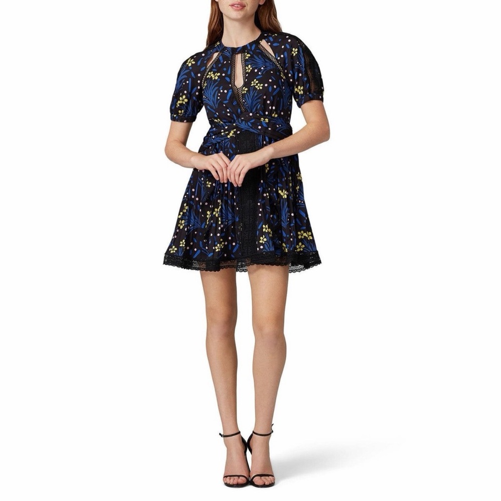 SELF-PORTRAIT NWT Black/Multi Wildflower Print Lace Trim Mini Dress 4 - Picture 15 of 15